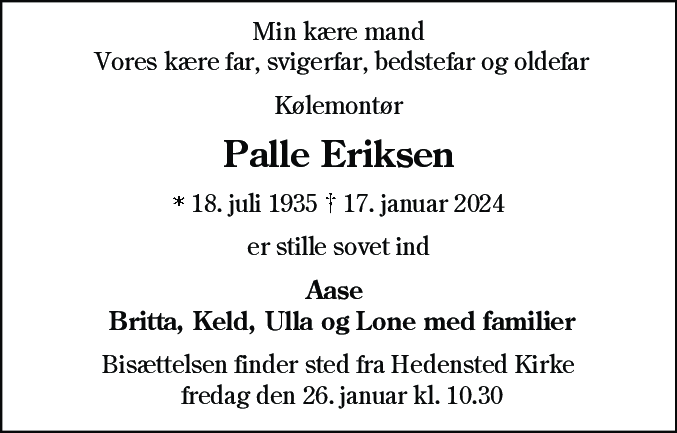 Dødsannonce for Palle Eriksen