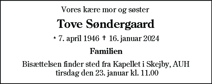 Dødsannonce for Tove Søndergaard