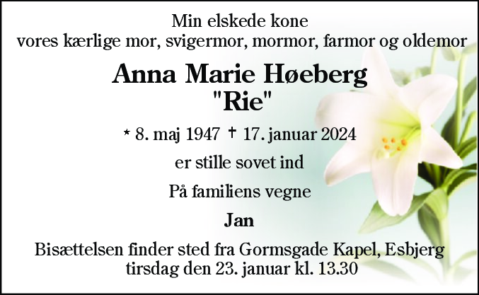 Dødsannonce for Anna Marie Høeberg