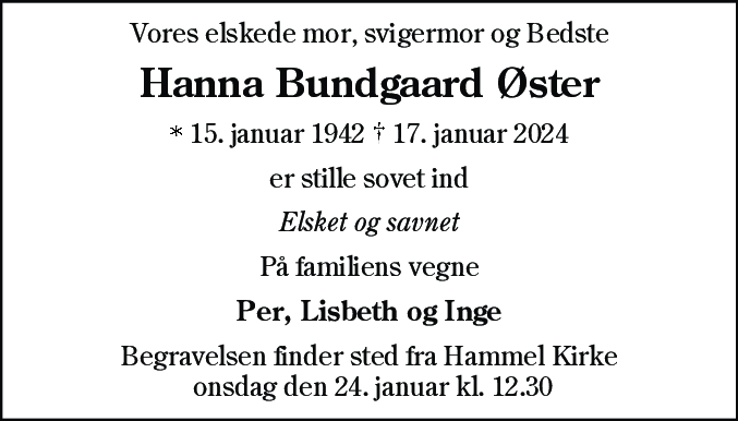 Dødsannonce for Hanna Bundgaard Øster