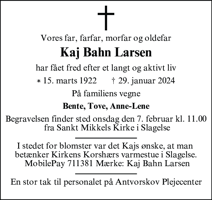 Dødsannonce for Kaj Bahn Larsen