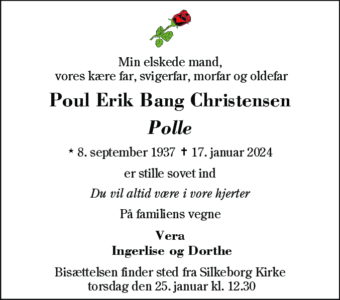Dødsannonce for Poul Erik Bang Christensen