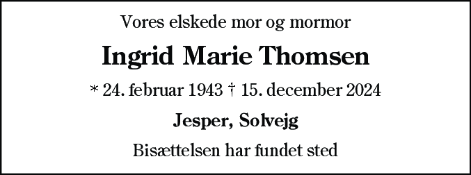 Dødsannonce for Ingrid Marie Thomsen