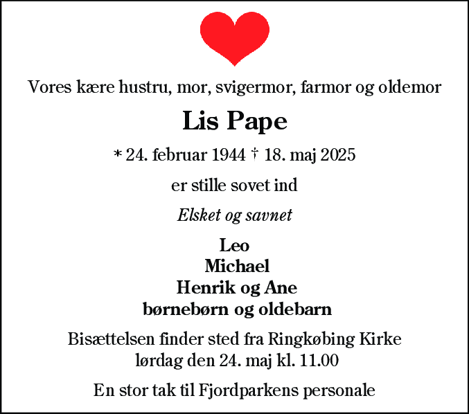 Dødsannonce for Lis Pape
