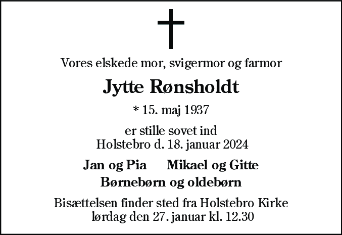 Dødsannonce for Jytte Lillian Rønsholdt