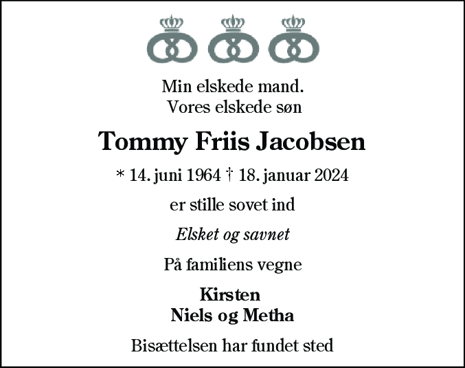 Dødsannonce for Tommy Friis Jacobsen