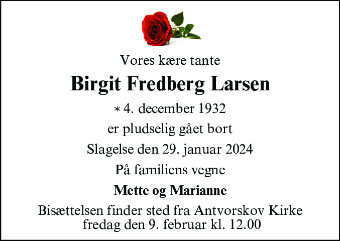 Dødsannonce for Birgit Fredberg Larsen