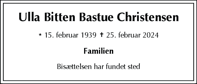 Dødsannonce for Bitten Ulla Bastue Christensen