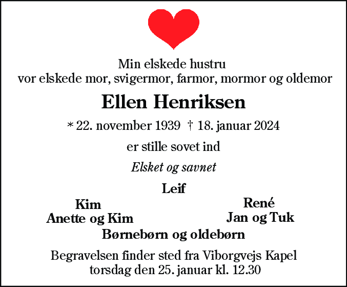 Dødsannonce for Ellen Henriksen
