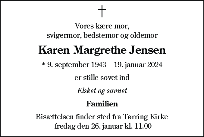 Dødsannonce for Karen Margrethe Jensen