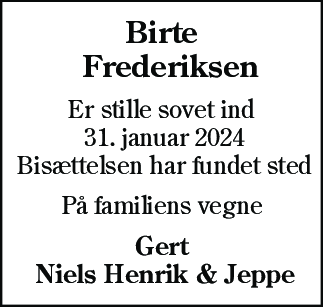 Dødsannonce for Birte Frederiksen