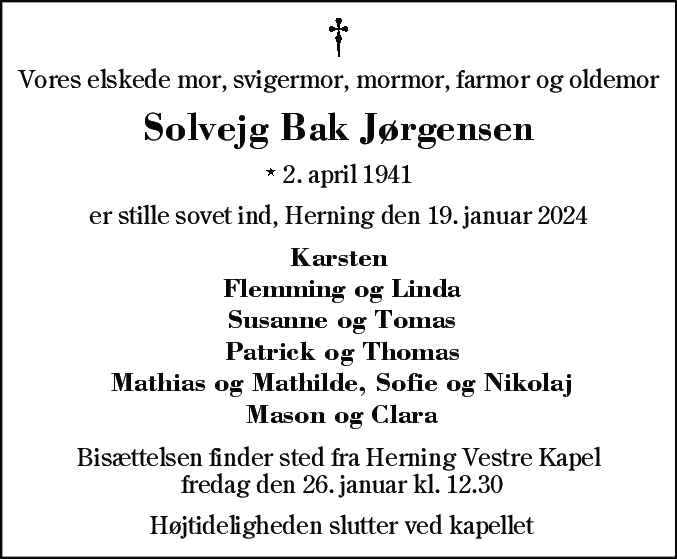 Dødsannonce for Solvejg Bak Jørgensen