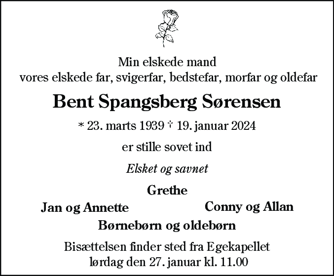 Dødsannonce for Bent Spangsbjerg Sørensen