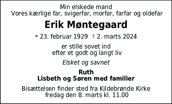 Dødsannonce for Erik Møntegaard