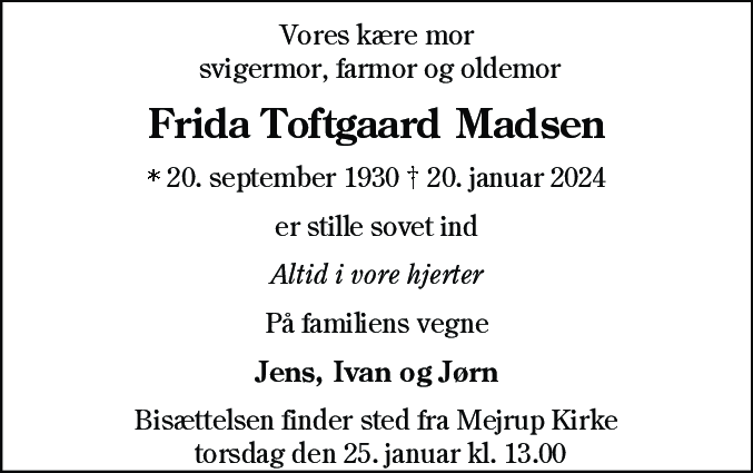 Dødsannonce for Frida Krista Madsen
