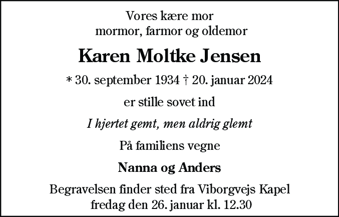 Dødsannonce for Karen Jensen