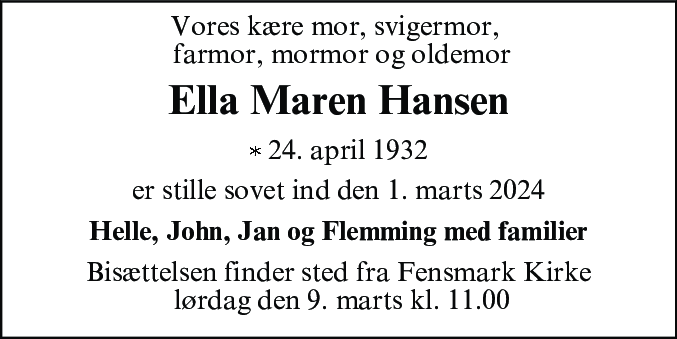Dødsannonce for Ella Maren Hansen