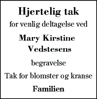 Dødsannonce for Mary Kirstine Vedstesen