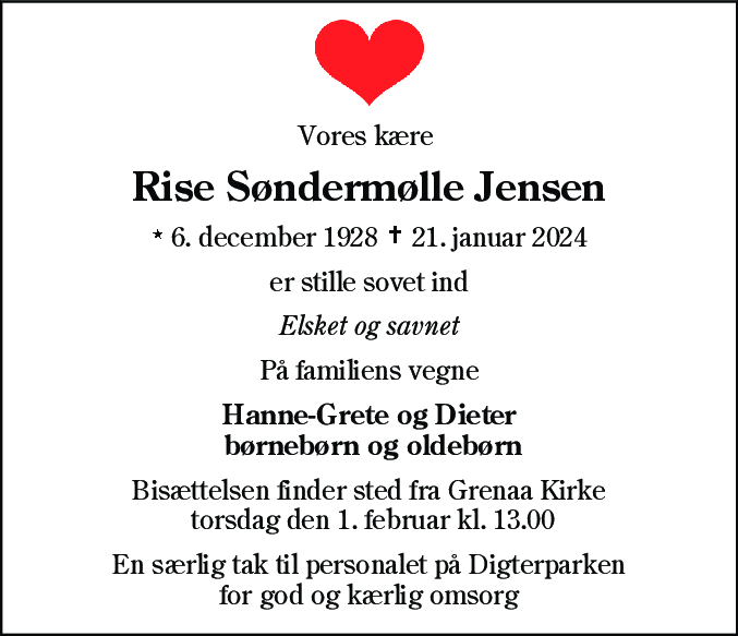 Dødsannonce for Rise Søndermølle Jensen