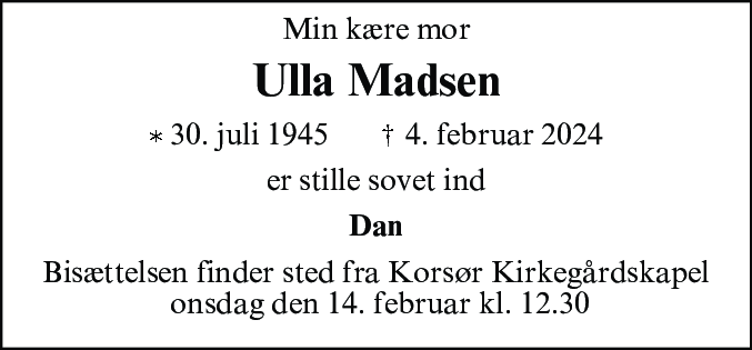 Dødsannonce for Ulla Madsen