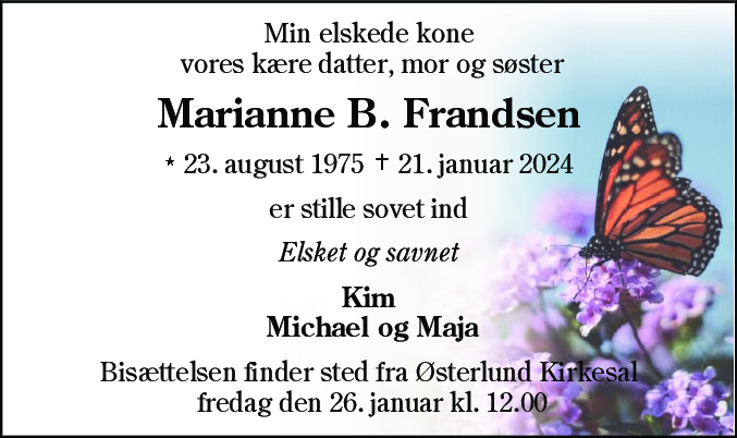 Dødsannonce for Marianne Frandsen