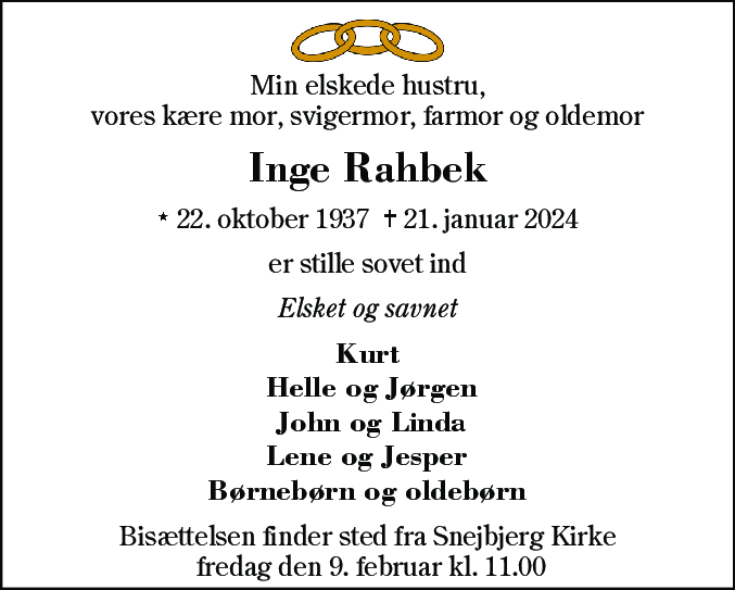 Dødsannonce for Inge Rahbek
