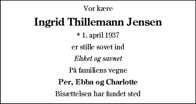 Dødsannonce for Ingrid Thillemann Jensen