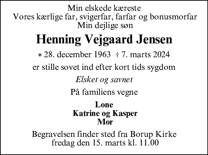 Dødsannonce for Henning Vejgaard Jensen