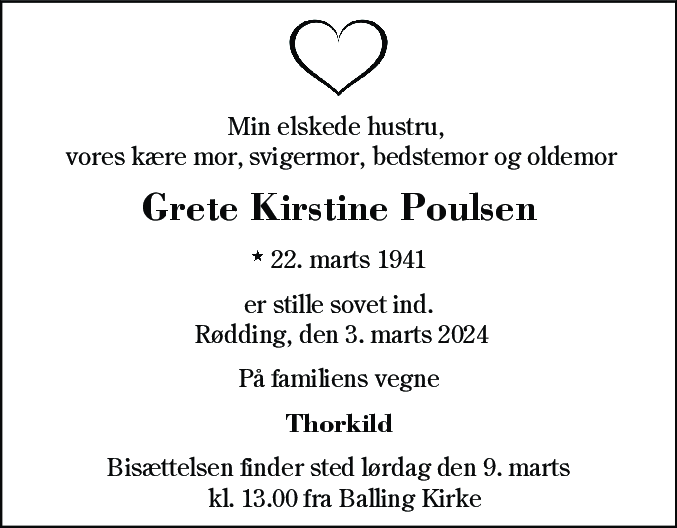 Dødsannonce for Grete Kirstine Poulsen