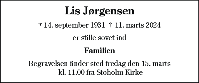 Dødsannonce for Lis Jørgensen