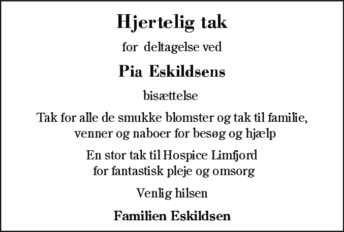 Dødsannonce for Pia Eskildsen