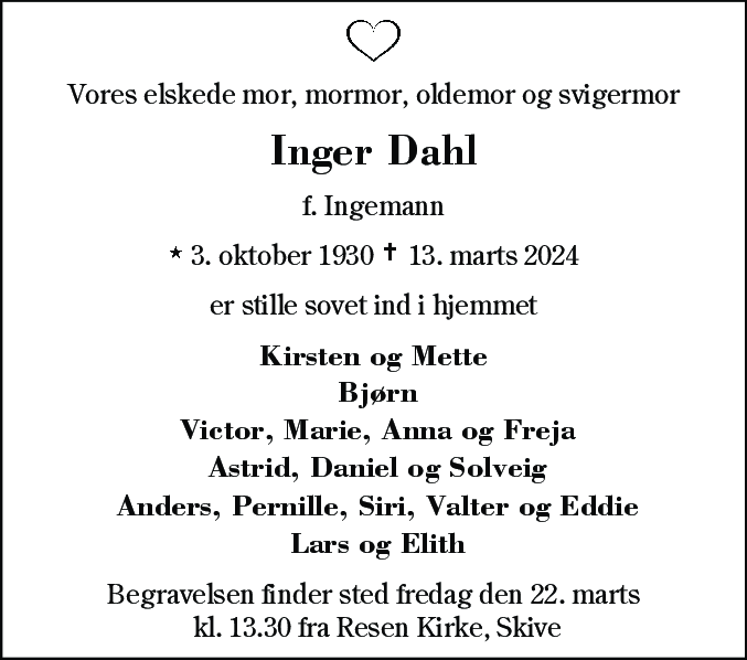 Dødsannonce for Inger Grethe Dahl
