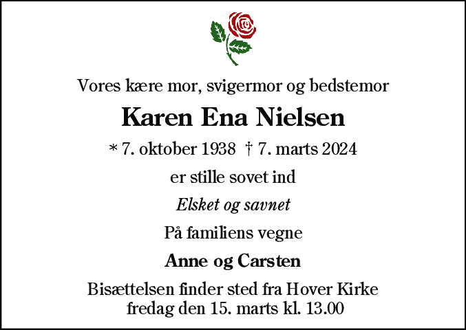 Dødsannonce for Karen Ena Nielsen