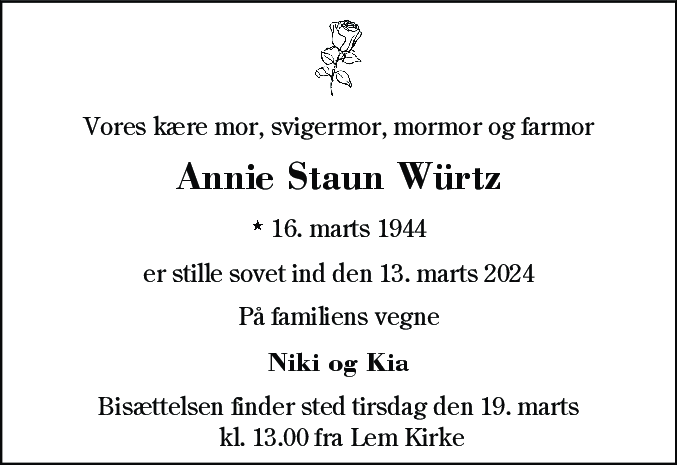 Dødsannonce for Annie Staun Würtz