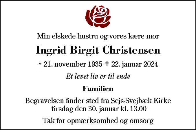 Dødsannonce for Ingrid Birgit Christensen