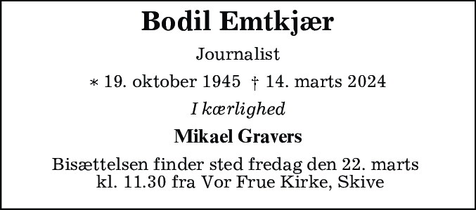 Dødsannonce for Bodil Marie Emtkjær