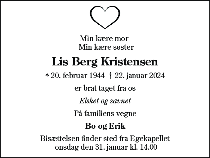 Dødsannonce for Lis Berg Kristensen