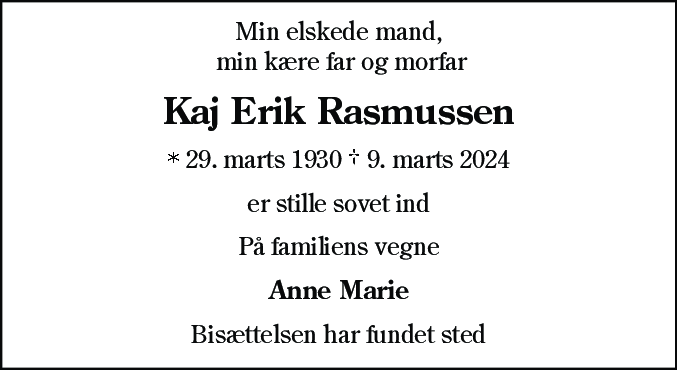 Dødsannonce for Kaj Erik Rasmussen
