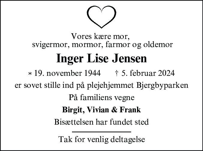 Dødsannonce for Inger Lise Jensen