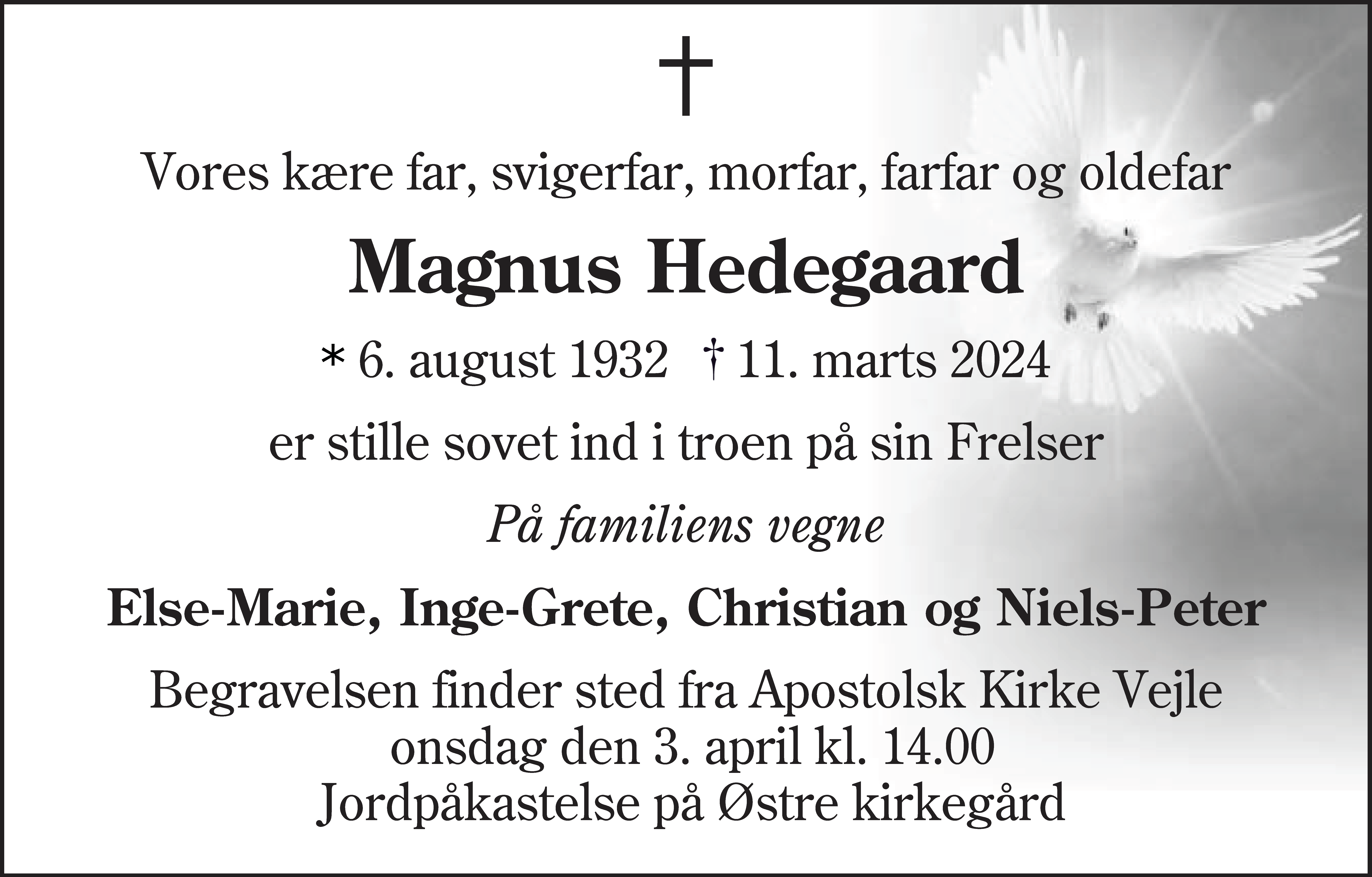 Dødsannonce for Magnus Hedegaard
