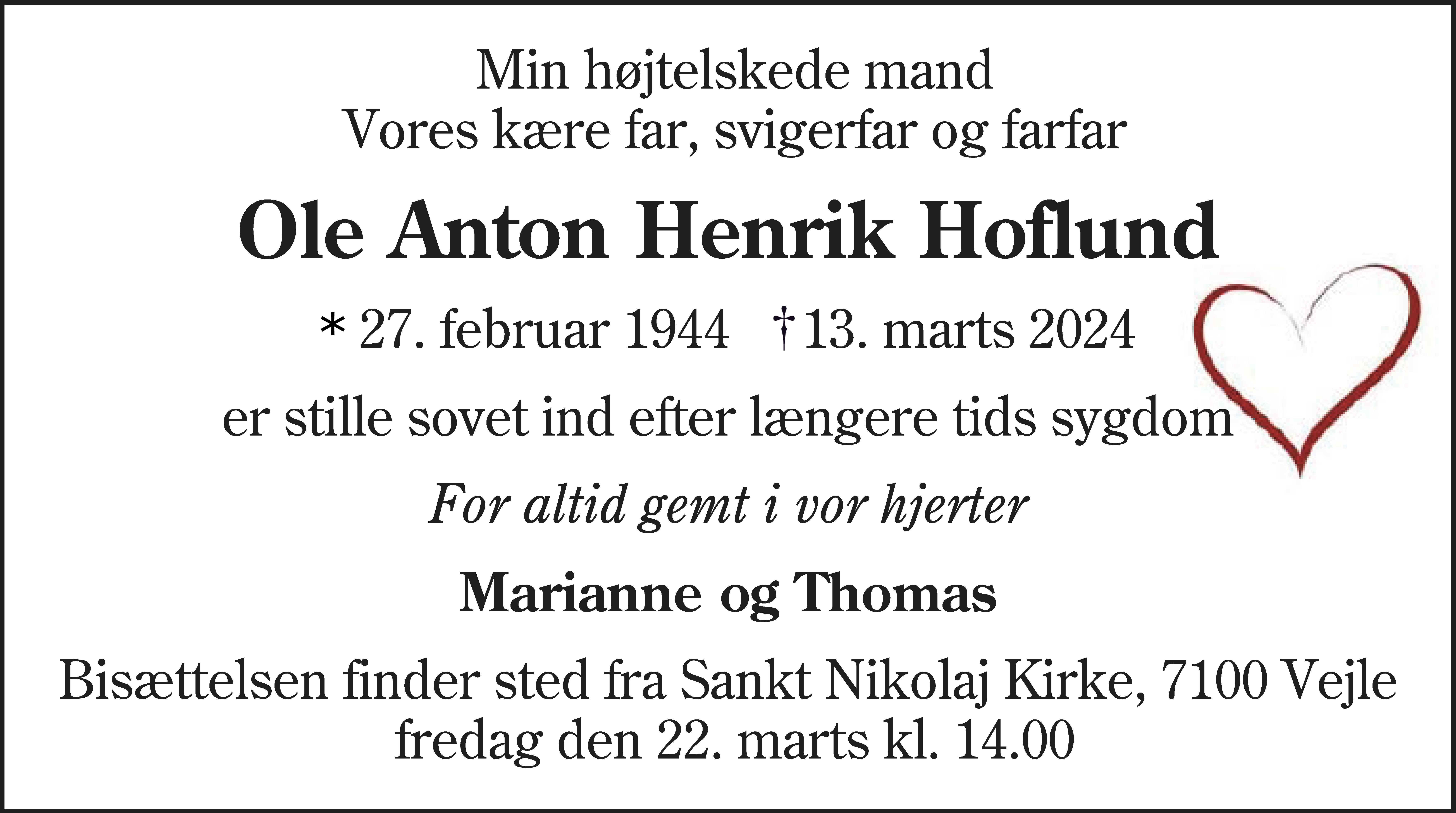 Dødsannonce for Ole Anton Henrik Hoflund