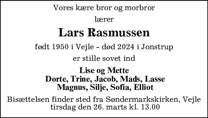 Dødsannonce for Lars Rasmussen