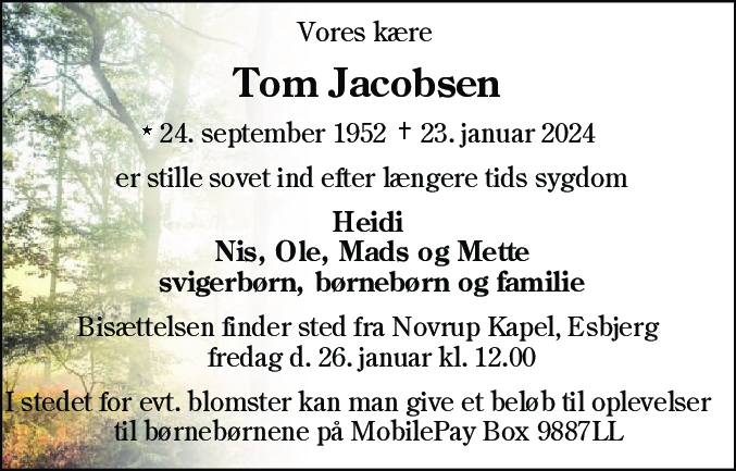 Dødsannonce for Tom Helge Jacobsen