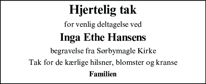 Dødsannonce for Inga Ethe Hansen
