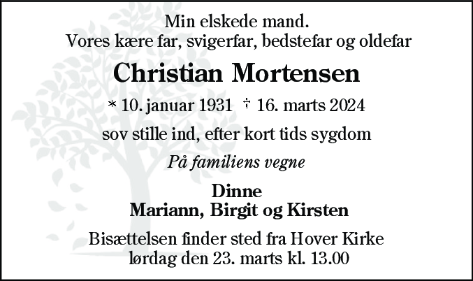 Dødsannonce for Carl Christian Mortensen