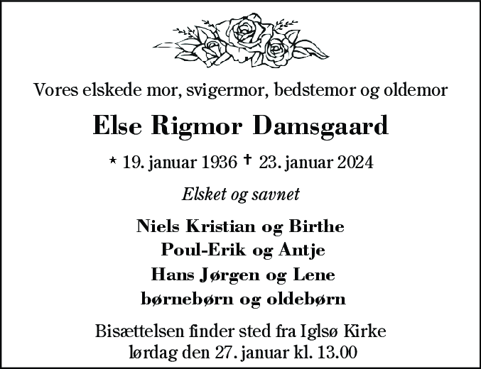 Dødsannonce for Else Rigmor Damsgaard