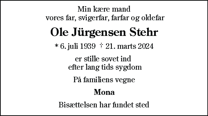 Dødsannonce for Ole Jürgensen Stehr