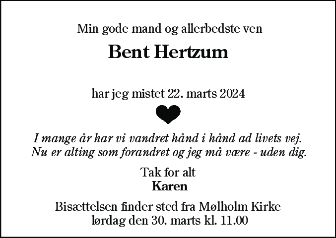 Dødsannonce for Bent Hertzum