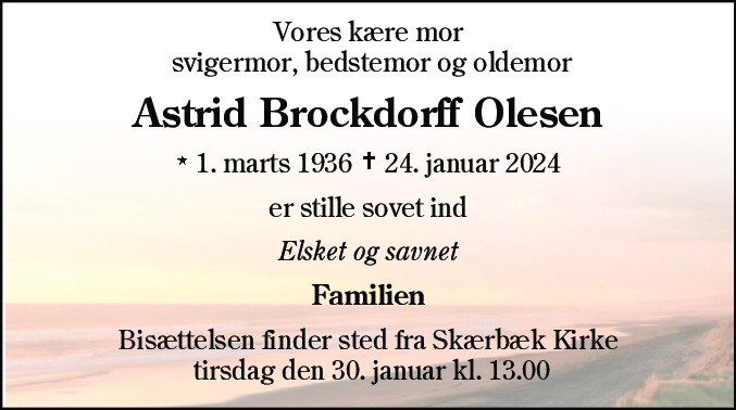 Dødsannonce for Astrid Brockdorff Olesen