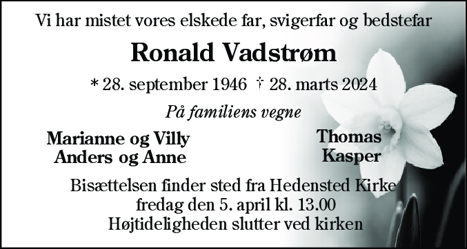 Dødsannonce for Ronald Vadstrøm